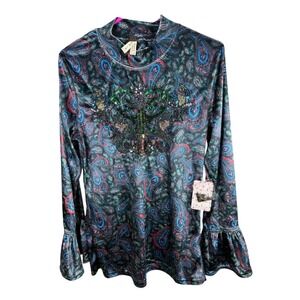 We The Free Shirt Womens Large Black Paisley Embellished Sequin Beaded Mock Neck